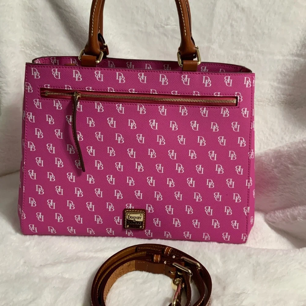 Dooney & Bourke Pink Logo Satchel with Brown Handles